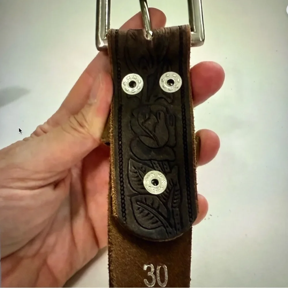 F & L Classic Full Grain embossed brown Leather Belt silver buckle size 30 in